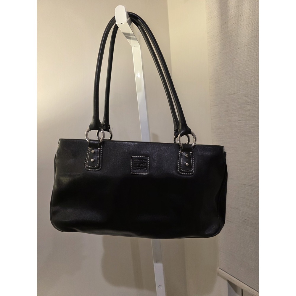 VTG Liz Claiborne Double Top Handle Black Leather Handbag Satchel Y2K